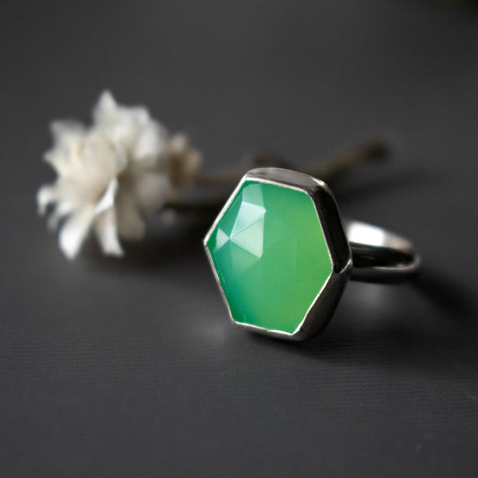 Green Chrysoprase Hexagon Statement Ring Size 7-Womens-LittleGreenRoomJewelry-LittleGreenRoomJewelry
