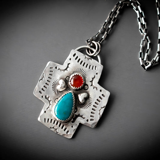 Love And Faith Carnelian Turquoise Heart Cross Necklace-Womens-LittleGreenRoomJewelry-LittleGreenRoomJewelry