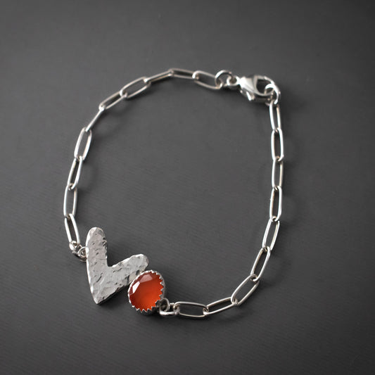 Sterling Silver Hammered Heart And Carnelian Link Chain Bracelet-Womens-LittleGreenRoomJewelry-LittleGreenRoomJewelry