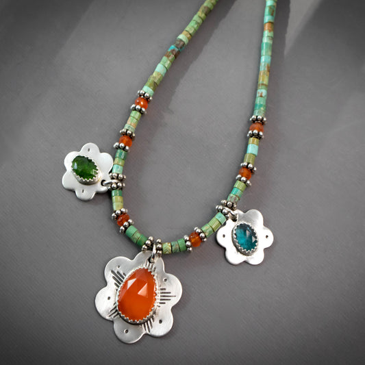 Summer Blooms Turquoise Carnelian Green Diopside And Sea Green Kyanite Necklace-Womens-LittleGreenRoomJewelry-LittleGreenRoomJewelry