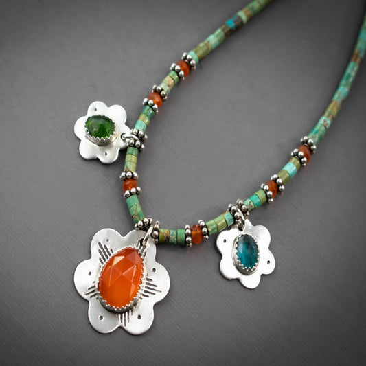 Summer Blooms Turquoise Carnelian Green Diopside And Sea Green Kyanite Necklace-Womens-LittleGreenRoomJewelry-LittleGreenRoomJewelry