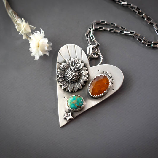 Beloved Sunflower Turquoise And Orange Kyanite Heart Necklace-Womens-LittleGreenRoomJewelry-LittleGreenRoomJewelry