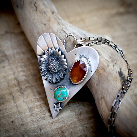 Beloved Sunflower Turquoise And Orange Kyanite Heart Necklace-Womens-LittleGreenRoomJewelry-LittleGreenRoomJewelry