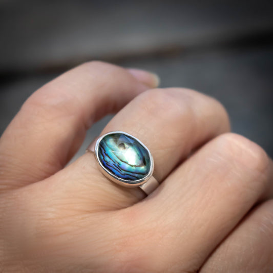 SAVED FOR RAMONA Oval Size 7 Abalone Sterling Silver Stack Ring-Womens-LittleGreenRoomJewelry-LittleGreenRoomJewelry