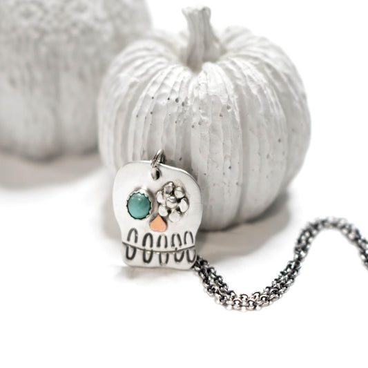 Turquoise Sugar Skull Necklace-Womens-LittleGreenRoomJewelry-LittleGreenRoomJewelry