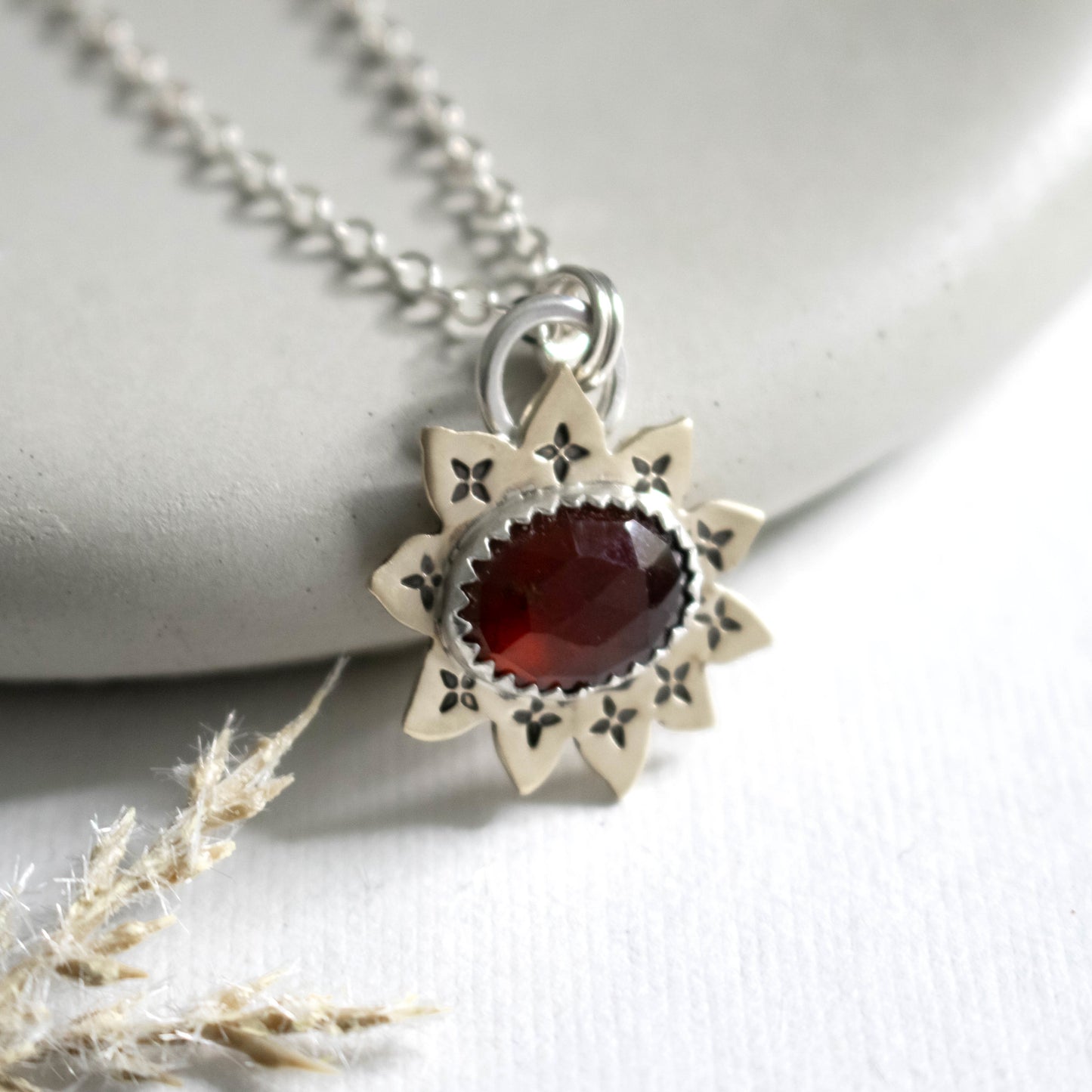 Faceted Red Garnet Sunflower Necklace-Womens-LittleGreenRoomJewelry-LittleGreenRoomJewelry