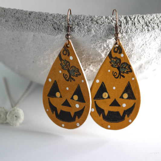 Painted Leather Pumpkin Earrings-Womens-LittleGreenRoomJewelry-LittleGreenRoomJewelry