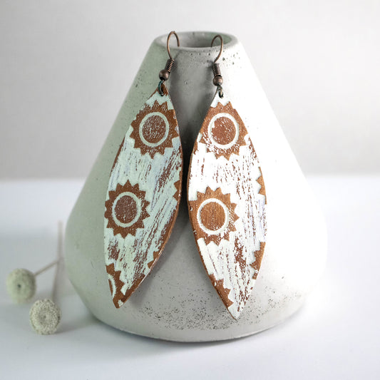Beige Painted Sunflower Leather Earrings-Womens-LittleGreenRoomJewelry-LittleGreenRoomJewelry