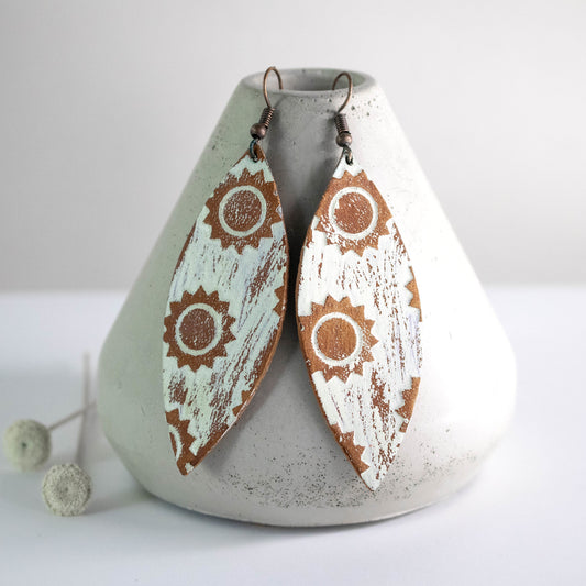 Beige Painted Sunflower Leather Earrings-Womens-LittleGreenRoomJewelry-LittleGreenRoomJewelry