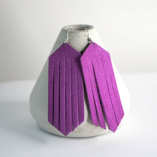 Orchid Purple Leather Fringe Earrings-Womens-LittleGreenRoomJewelry-LittleGreenRoomJewelry