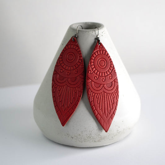 Lipstick Red Leather Embossed Leaf Earrings-Womens-LittleGreenRoomJewelry-LittleGreenRoomJewelry