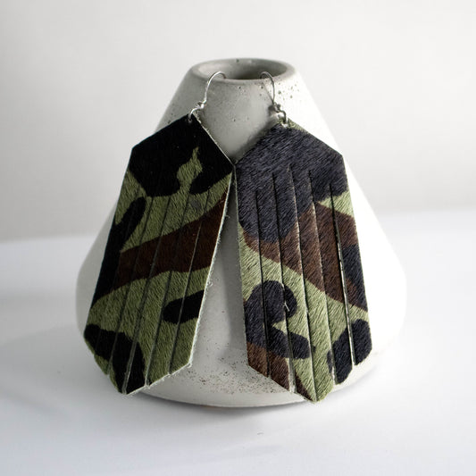 Leather Camoflauge Fringe Earrings-Womens-LittleGreenRoomJewelry-LittleGreenRoomJewelry