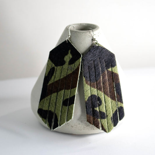 Leather Camoflauge Fringe Earrings-Womens-LittleGreenRoomJewelry-LittleGreenRoomJewelry