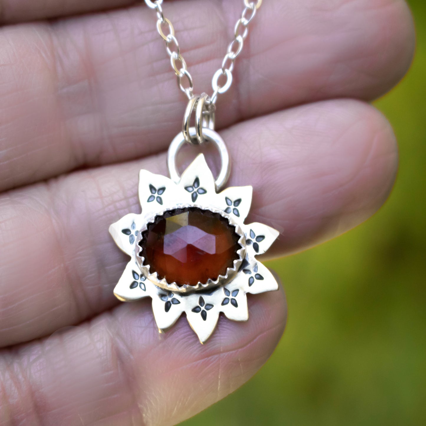 Faceted Red Garnet Sunflower Necklace-Womens-LittleGreenRoomJewelry-LittleGreenRoomJewelry