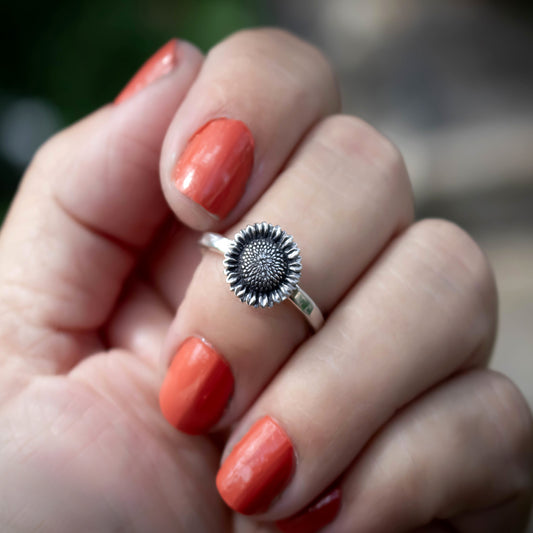 Sterling Silver Mammoth Sunflower Stacking Ring-Womens-LittleGreenRoomJewelry-LittleGreenRoomJewelry