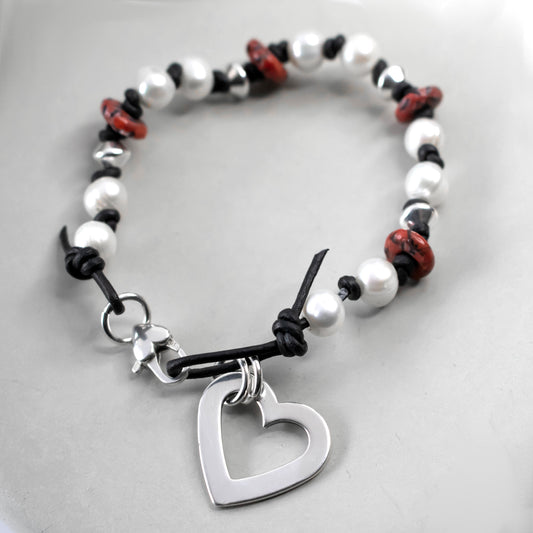 Sterling Heart Charm Freshwater Pearl And Leather Bracelet-Womens-LittleGreenRoomJewelry-LittleGreenRoomJewelry