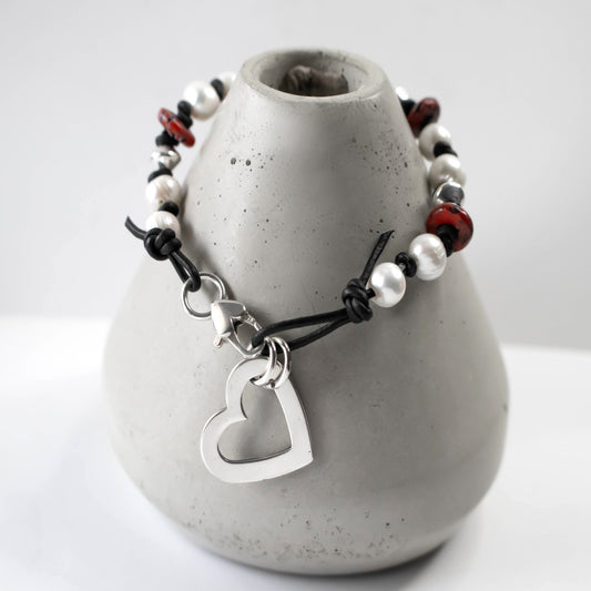 Sterling Heart Charm Freshwater Pearl And Leather Bracelet-Womens-LittleGreenRoomJewelry-LittleGreenRoomJewelry