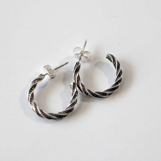Twisted Sterling Silver Huggie Hoop Earrings-Womens-LittleGreenRoomJewelry-LittleGreenRoomJewelry