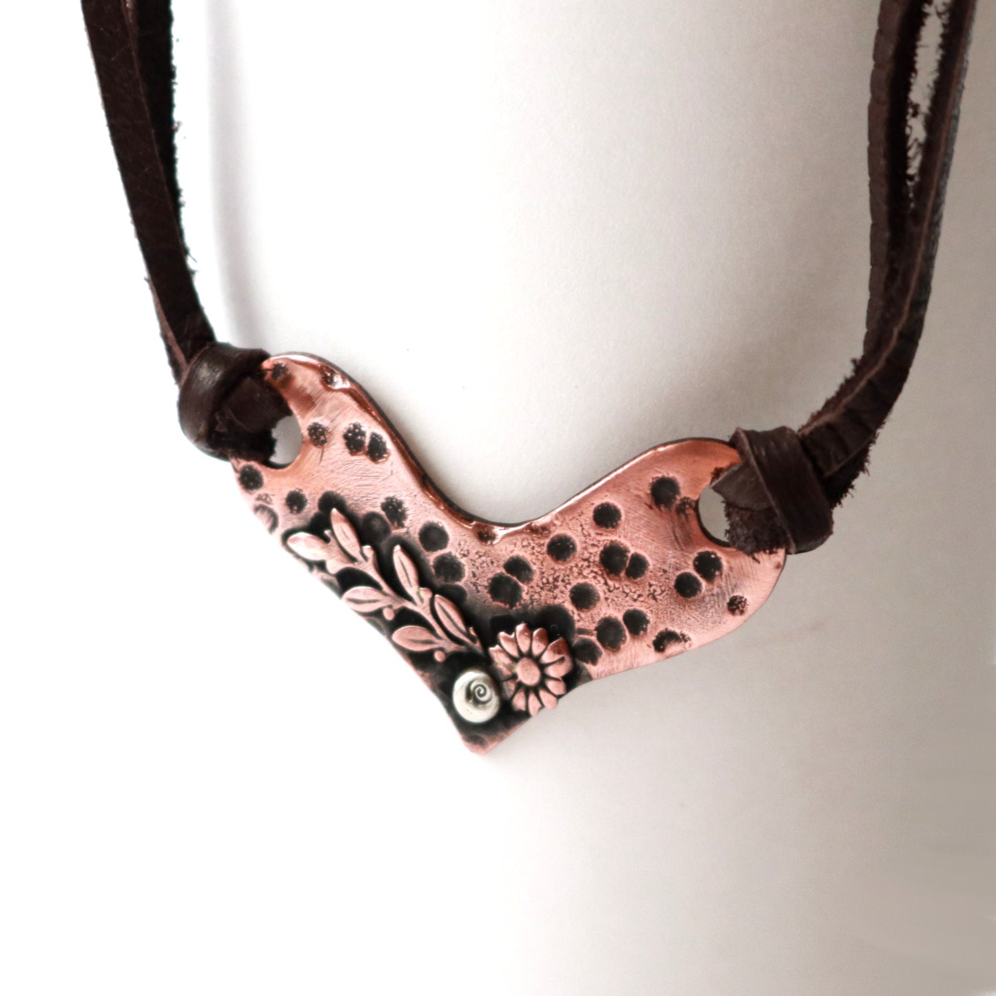 Boho Leather And Copper Flower Heart Necklace-Womens-LittleGreenRoomJewelry-LittleGreenRoomJewelry