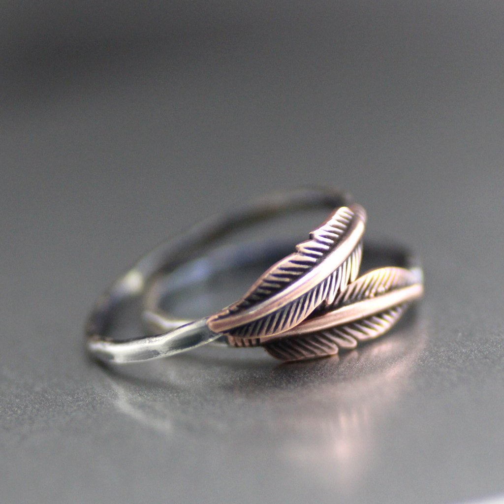 Boho Feather Stacking Ring- Antiqued Feather Womens Ring-Womens Rustic-LittleGreenRoomJewelry-LittleGreenRoomJewelry