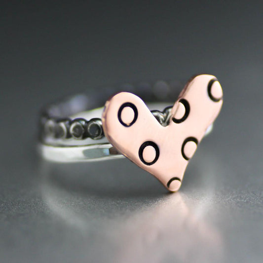 Polka dot Heart Stack Ring- Copper Heart Sterling Silver Ring-Womens-LittleGreenRoomJewelry-LittleGreenRoomJewelry