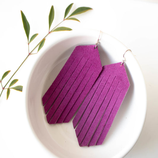 Orchid Purple Leather Fringe Earrings-Womens-LittleGreenRoomJewelry-LittleGreenRoomJewelry