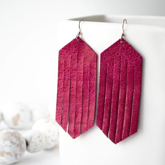 Modern Pink Leather Fringe Earrings-Womens-LittleGreenRoomJewelry-LittleGreenRoomJewelry