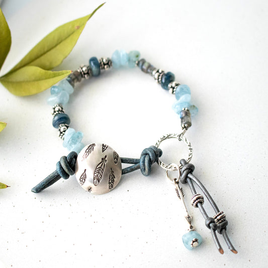 Aquamarine And Labradorite Sterling Feather Bracelet-Womens-LittleGreenRoomJewelry-LittleGreenRoomJewelry