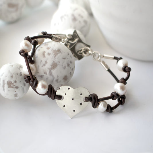 Sterling Silver Heart Fresh Water Pearl Bracelet-Womens-LittleGreenRoomJewelry-LittleGreenRoomJewelry