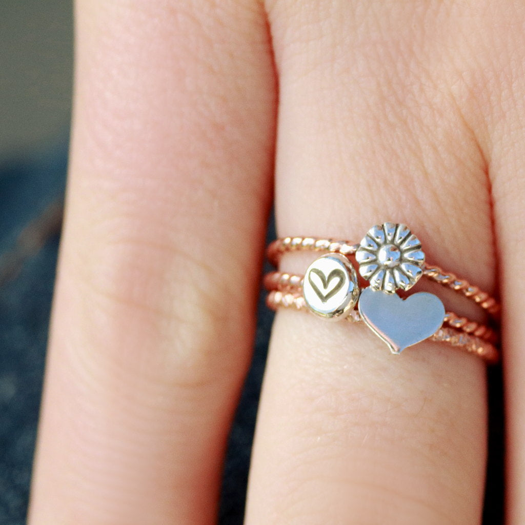 Rose Gold Twisted Band Ring In Your Choice of Sunflower, Embossed Heart, Or Heart-Womens-LittleGreenRoomJewelry-LittleGreenRoomJewelry