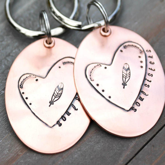 Soul Sisters Heart Copper Key Chain- Feather Key Chain-keychains-LittleGreenRoomJewelry-LittleGreenRoomJewelry