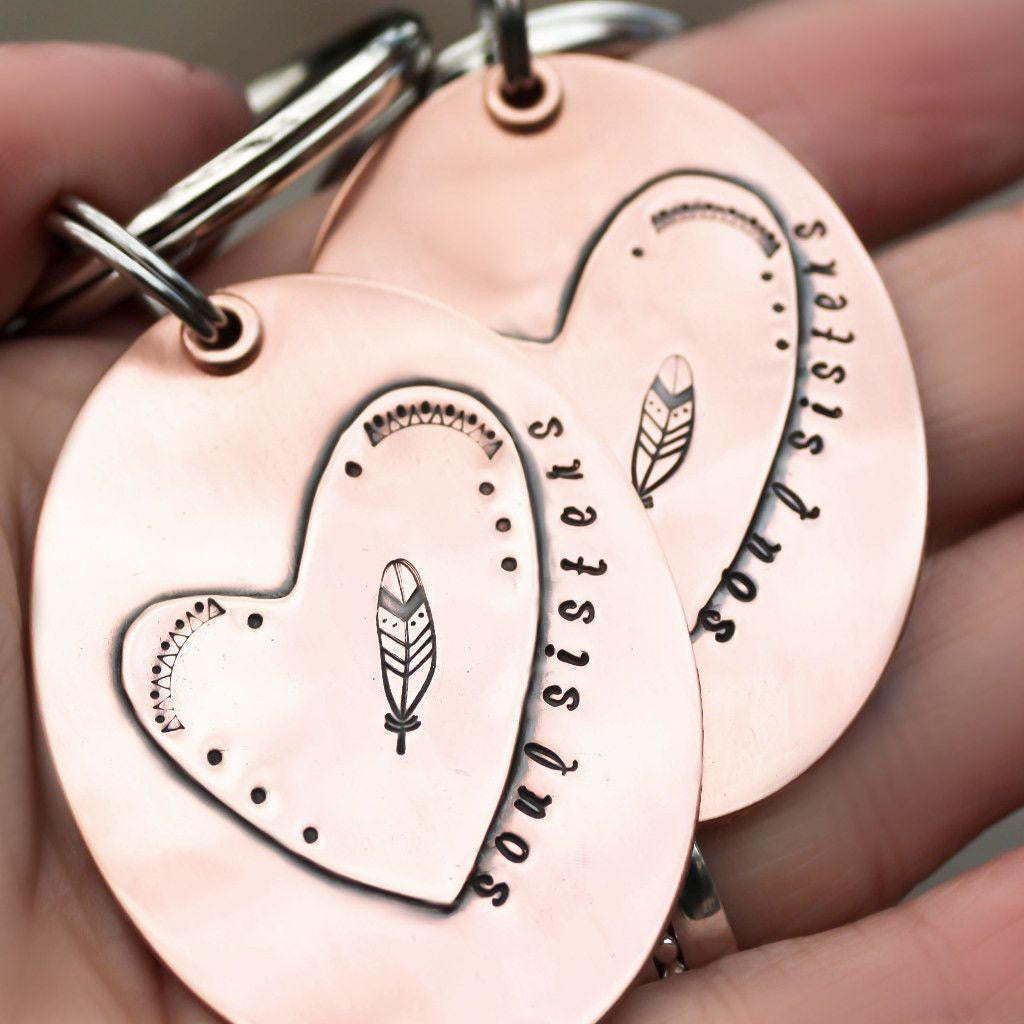 Soul Sisters Heart Copper Key Chain- Feather Key Chain-keychains-LittleGreenRoomJewelry-LittleGreenRoomJewelry