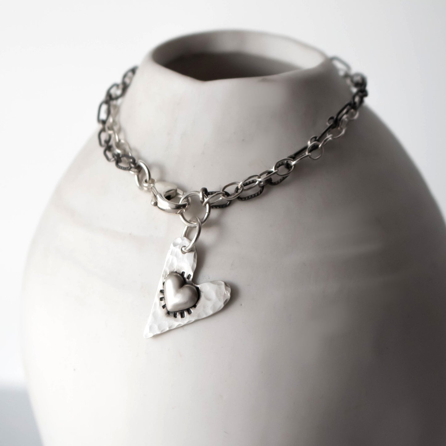 Sterling Hammered Heart Link Chain Charm Bracelet-Womens-LittleGreenRoomJewelry-LittleGreenRoomJewelry