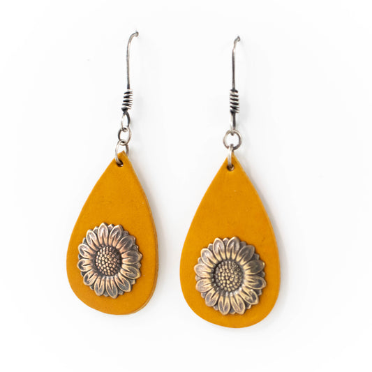 Leather Sunflower Earrings-Womens-LittleGreenRoomJewelry-LittleGreenRoomJewelry
