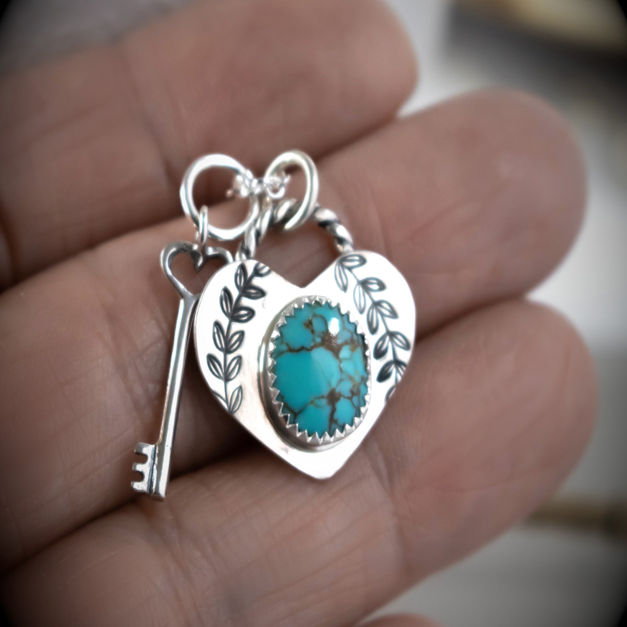 Turquoise Heart Locket And Key Necklace-Womens-LittleGreenRoomJewelry-LittleGreenRoomJewelry