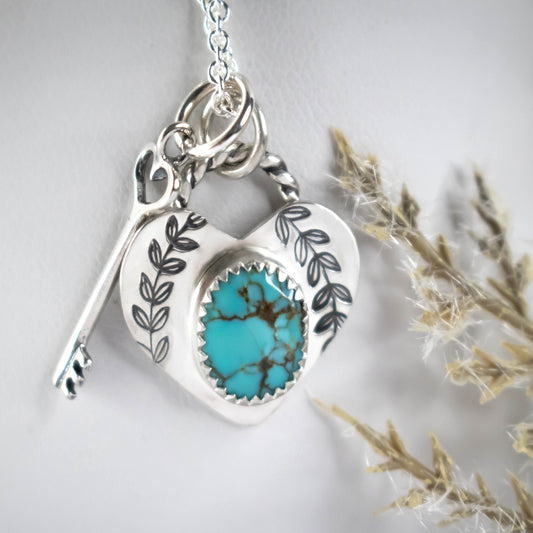 Turquoise Heart Locket And Key Necklace-Womens-LittleGreenRoomJewelry-LittleGreenRoomJewelry