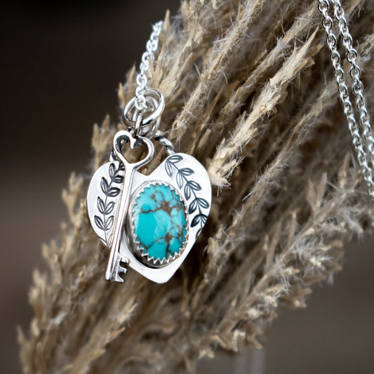 Turquoise Heart Locket And Key Necklace-Womens-LittleGreenRoomJewelry-LittleGreenRoomJewelry