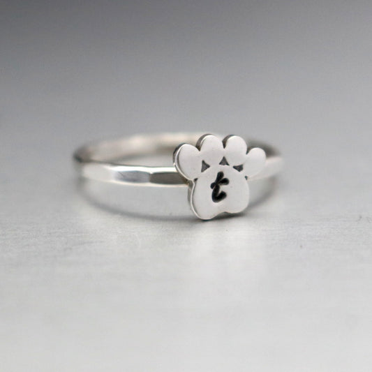 Custom Paw Print Initial Ring- Sterling Silver Paw Print Ring-Womens-LittleGreenRoomJewelry-LittleGreenRoomJewelry