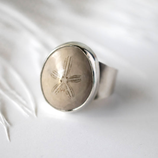 Sterling Silver Fossil Sand Dollar Ring-Womens-LittleGreenRoomJewelry-LittleGreenRoomJewelry
