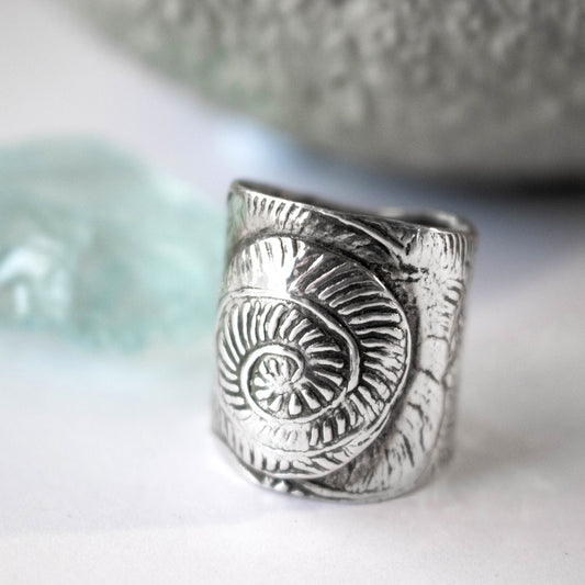 Sterling Silver Seas Shell Embossed Ring-womens-LittleGreenRoomJewelry-LittleGreenRoomJewelry