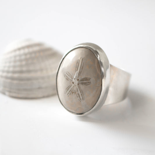 Sterling Silver Fossil Sand Dollar Ring-Womens-LittleGreenRoomJewelry-LittleGreenRoomJewelry