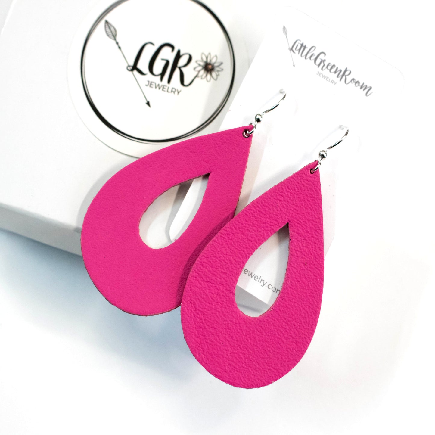 Bright Pink Leather Teardrop Earrings-Womens-LittleGreenRoomJewelry-LittleGreenRoomJewelry