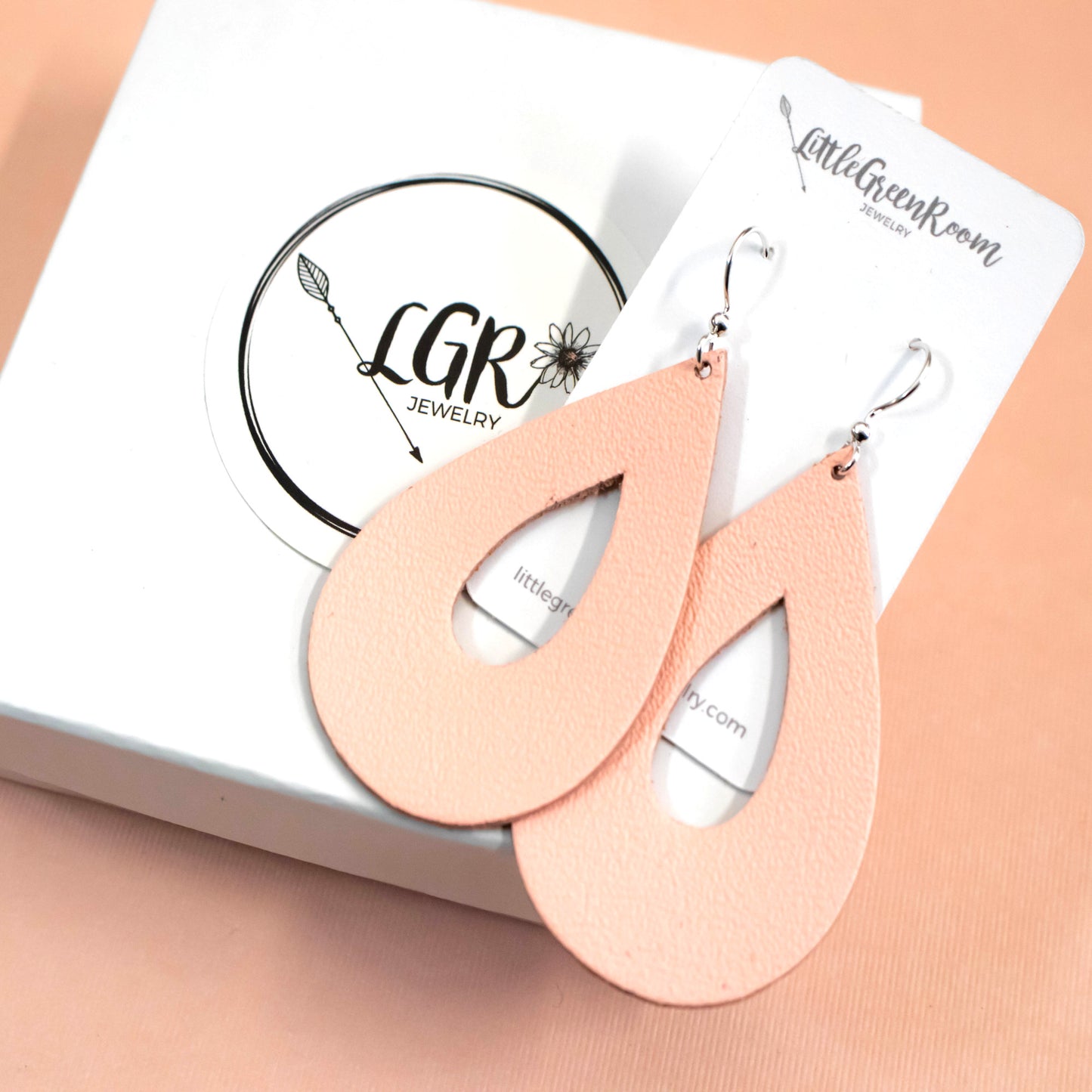 Peach Teardrop Leather Earrings-Womens-LittleGreenRoomJewelry-LittleGreenRoomJewelry
