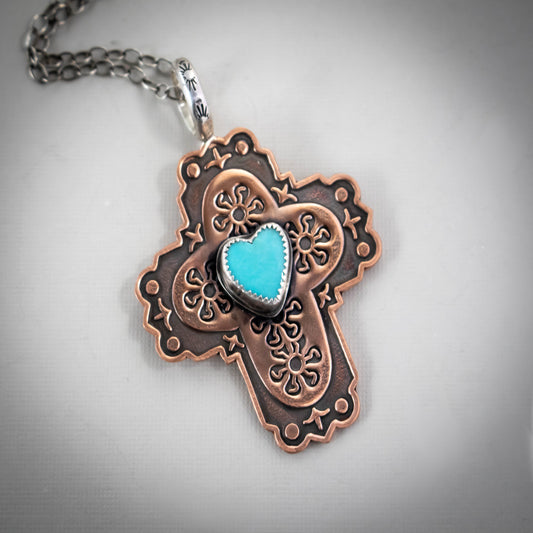 Copper Cross With Turquoise Heart Necklace-Womens-LittleGreenRoomJewelry-LittleGreenRoomJewelry