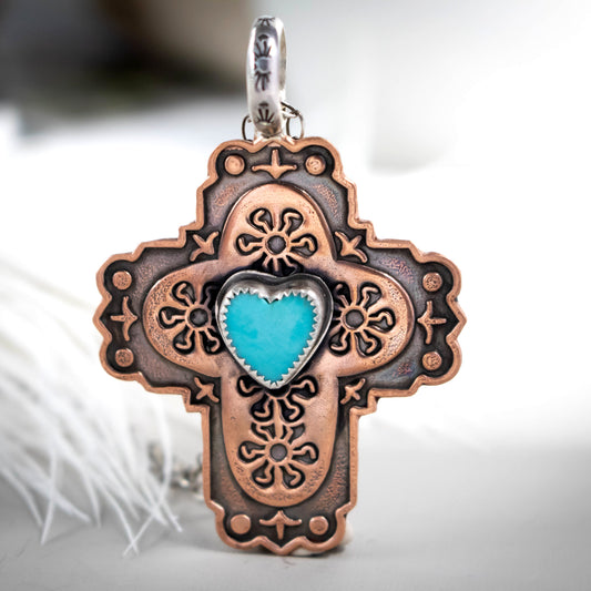 Copper Cross With Turquoise Heart Necklace-Womens-LittleGreenRoomJewelry-LittleGreenRoomJewelry