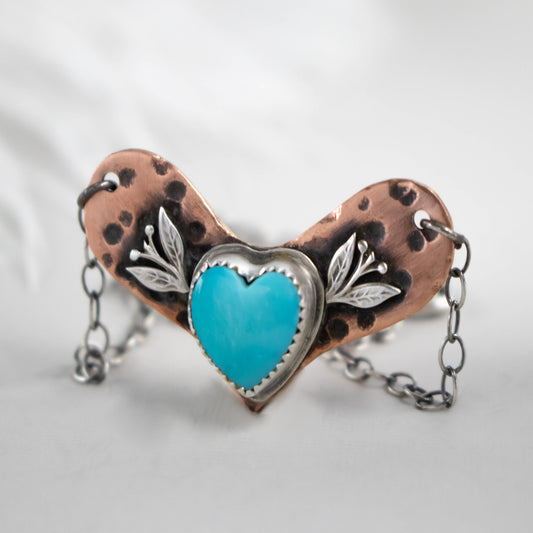 Copper And Turquoise Heart Leaf Necklace-Womens-LittleGreenRoomJewelry-LittleGreenRoomJewelry