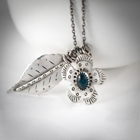 Sterling Silver Flower And Leaf Charm Necklace With Faceted Apatite Gemstone-Womens-LittleGreenRoomJewelry-LittleGreenRoomJewelry