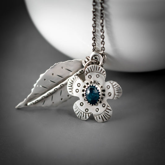Sterling Silver Flower And Leaf Charm Necklace With Faceted Apatite Gemstone-Womens-LittleGreenRoomJewelry-LittleGreenRoomJewelry
