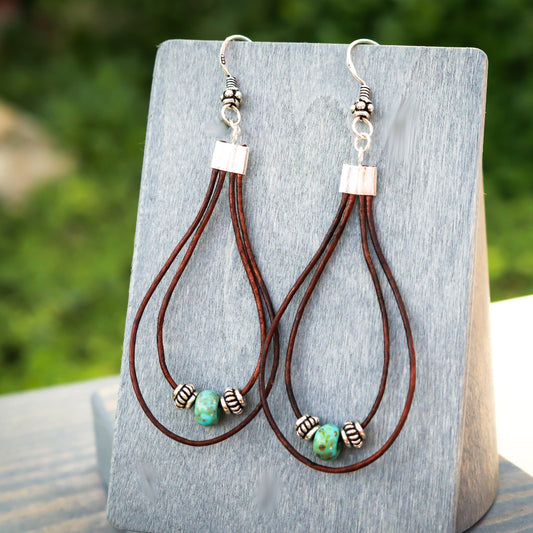 Boho Leather And Turquoise Earrings-Womens-LittleGreenRoomJewelry-LittleGreenRoomJewelry