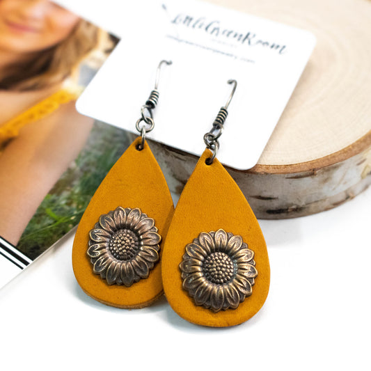 Leather Sunflower Earrings-Womens-LittleGreenRoomJewelry-LittleGreenRoomJewelry